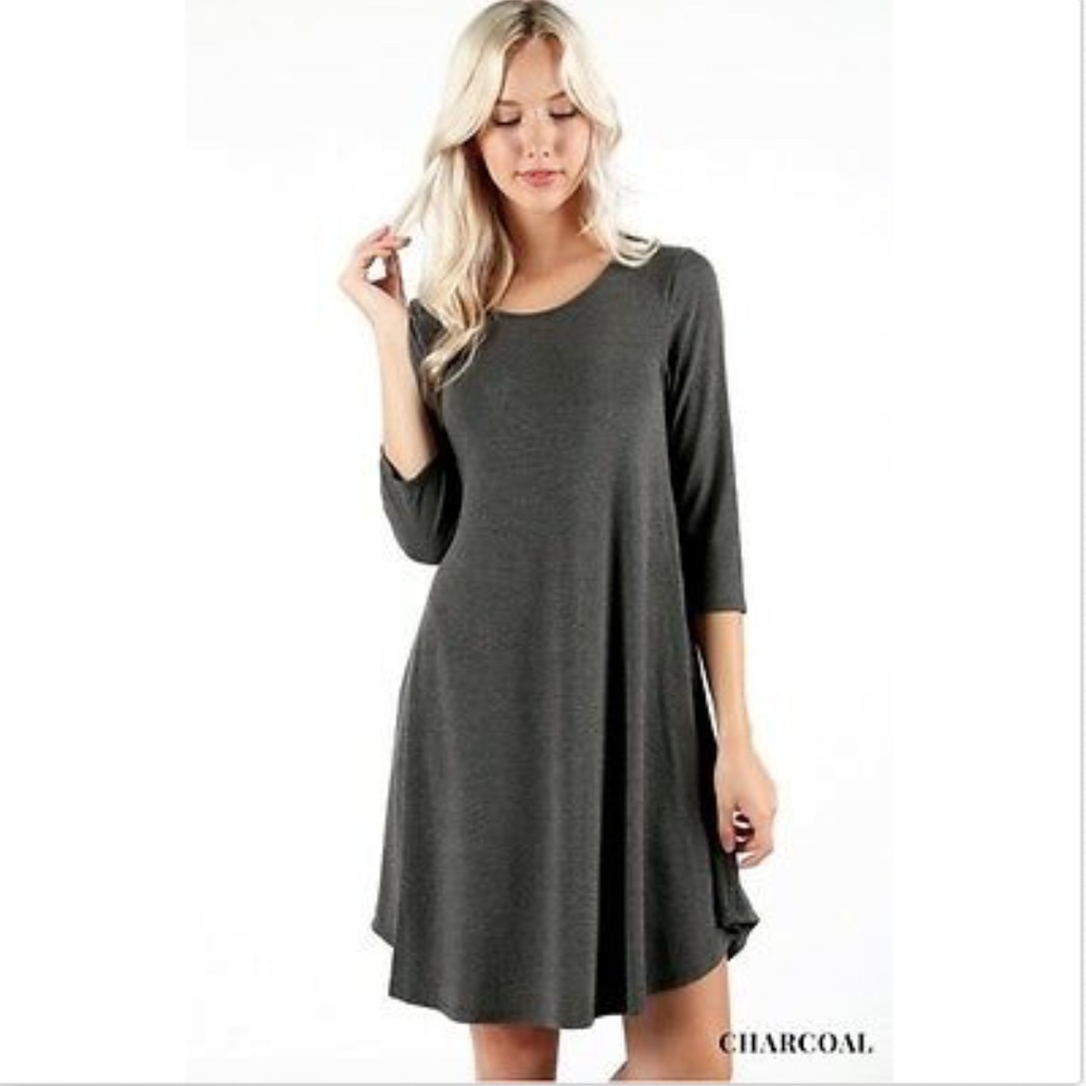 NEW 3/4 Sleeve A-Line Swing Midi Dress- Charcoal